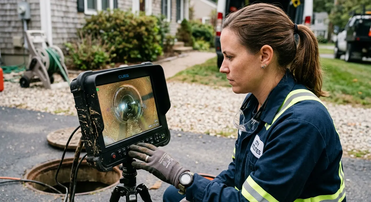 Technician reviewing sewer camera inspection footage in Panthersville