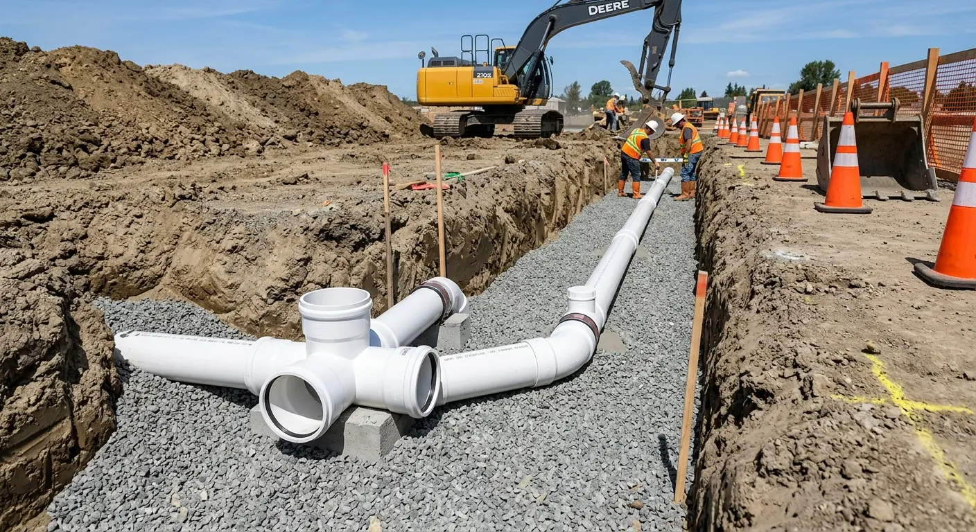 New PVC sewer pipe installation in open trench for Sewer Backup in Panthersville