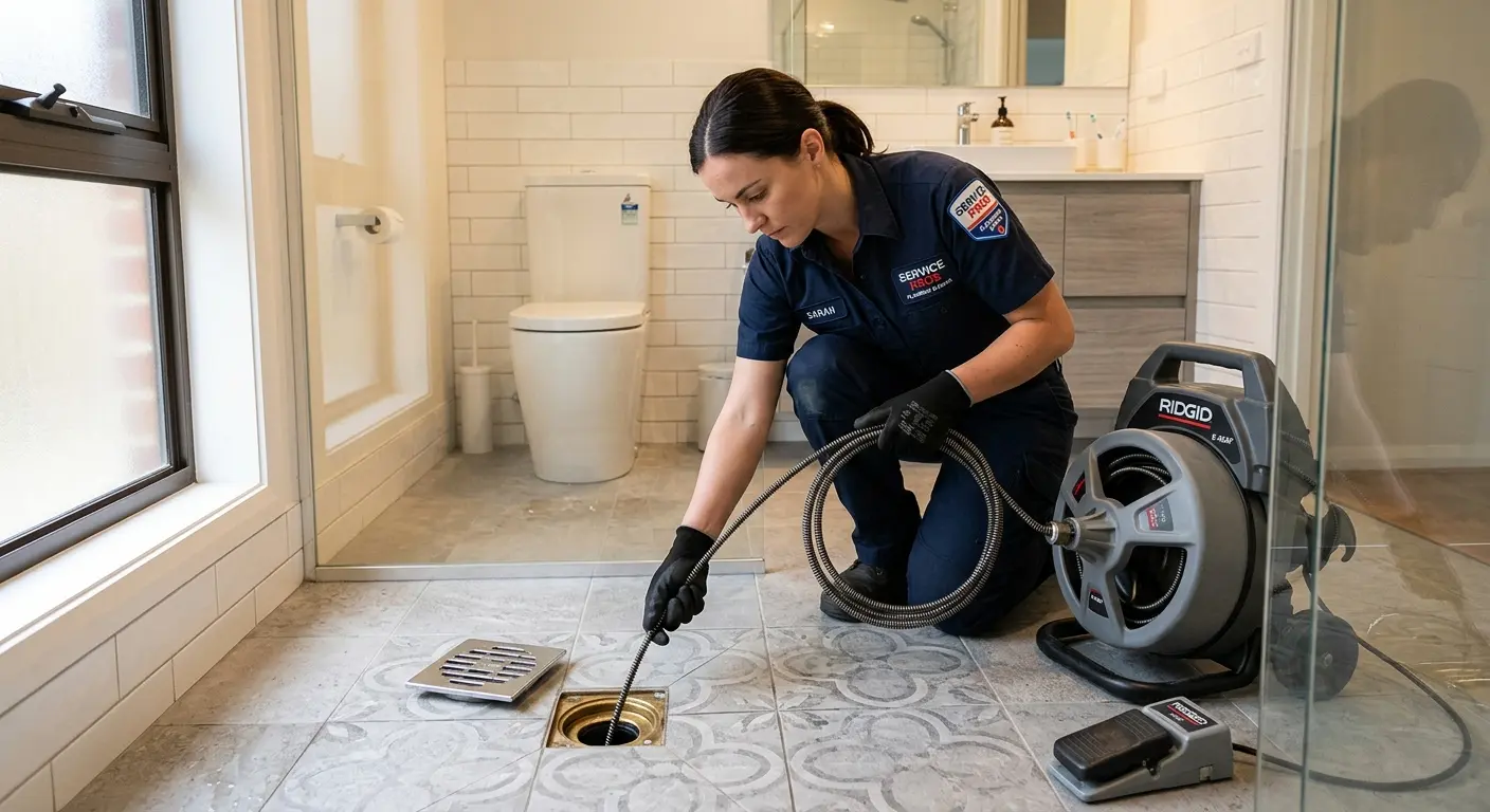 Technician clearing a bathroom floor drain for Drain Cleaning in Panthersville